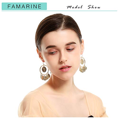 FAMARINE Vintage Tribal Chandelier Portrait Coins Hoop Drop Earrings for Women Costume Jewelry - color: Gold