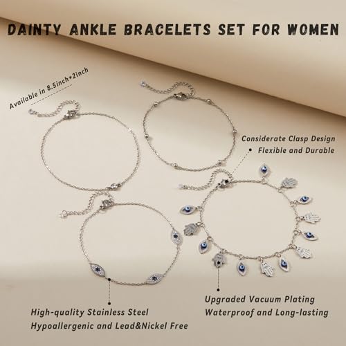 LOFITOR Ankle Bracelets for Women Glitter Waterproof Adjustable Anklet Set for Women 18K Gold Plated Silver Charm Dainty Layered Anklets, Summer Beach Anklet Jewelry for Women - style: Evil-eye Silver