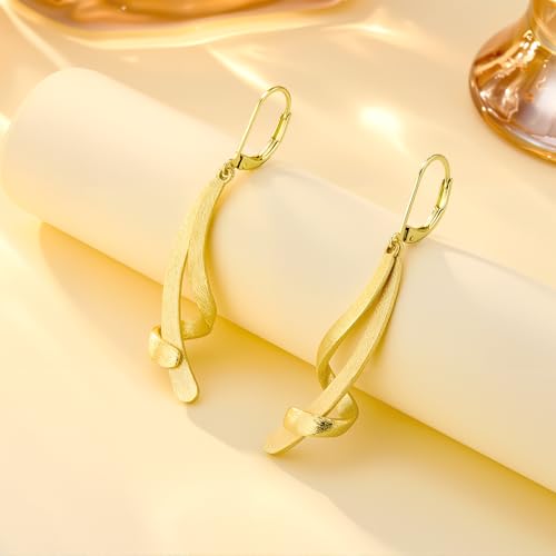 ALEXCRAFT Twisted Silver Dangle Earrings, Hypoallergenic Elegant Lightweight 14k Gold Plated Long Brushed Twisted Tassel Dangling Drop Leverback Earrings for Women Trendy Statement Jewelry in Box - color: Brushed_Gold