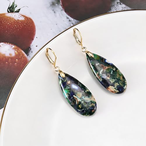 XGALBLA Boho Long Teardrop Stone Dangle Drop Earrings for Women Natural Healing Stone Leverback Earrings Statement Gold Tone - color: Blue&Green- Golden Leverback