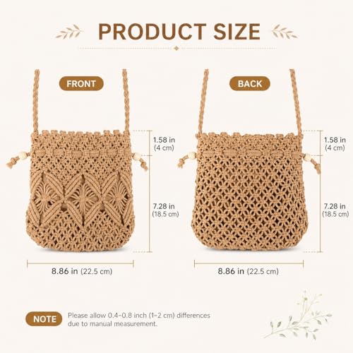 Drawstring Crochet Crossbody Bag for Women, Handwoven Cotton Straw Boho Shoulder Purse Travel Handbag