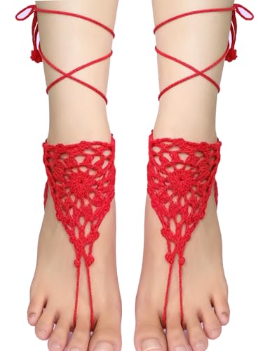 2PCS Beach Crochet Barefoot Sandals Red Anklet Layered Lace Ring Foot Chain Bridal Wedding Anklet Foot Yoga Dance Trendy Accessories for Women