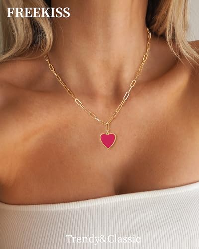 Freekiss Gold Pendant Necklace for Women, Dainty Diamond Necklaces for Women Simple 14K Gold Plated Paperclip Choker Necklaces Cute Minimalist Open Oval Necklaces Gold Jewelry for Women Gifts - color: Gold, style: Hot Pink Heart