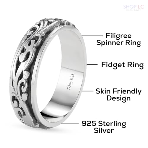 Shop LC 925 Sterling Silver Spinner Fidget Ring for Women Men | Anxiety Ring | Moon Star Design | Platinum Plated | Stress Relief Worry | Promise | Boho Jewelry Gift - color: Filigree, size: 8