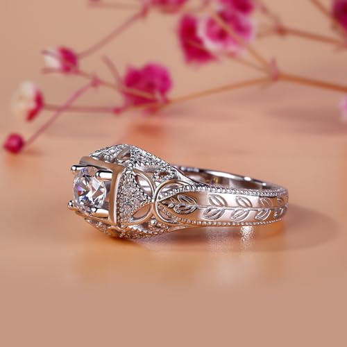 Jeulia Vintage Rings 925 Sterling Silver Round Cut Solitair Diamond Ring Wedding Engagement Statement Ring Band Anniversary Promise Bridal Set with Gift Box