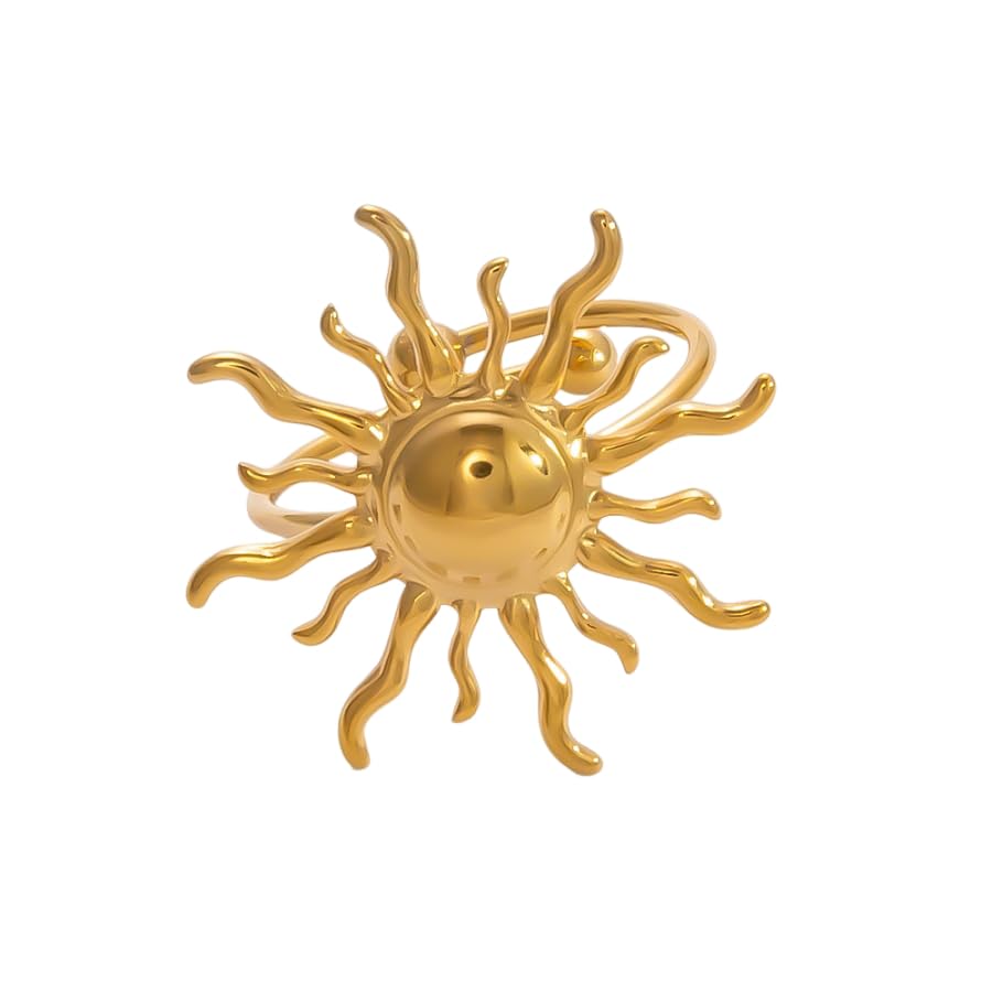 Vintage Sun Wrap Band Statement Ring for Women Men Stainless Steel Gold Unique Adjustable Large Sunburst Knuckle Thumb Finger Open Rings Boho Delicate Jewelry for Her
