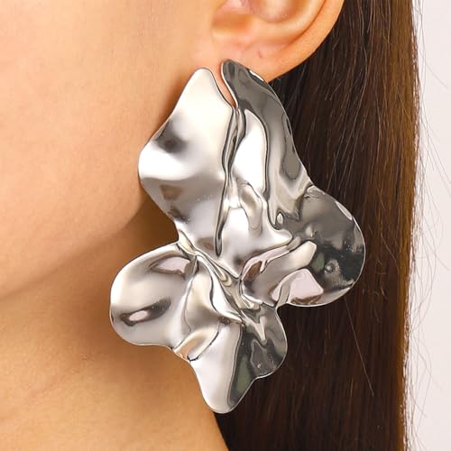 Statement Chunky Gold Large Silver Earrings for Women Trendy, Big Irregular Geometric Dainty Liquid Metal Stud Earrings Simple Prom Party Jewelry Gift - color: Silver -Large