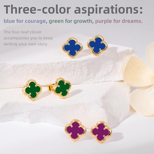 Elegant Black Onyx Clover Stud Earrings, 14K Gold Plated Four Leaf Hypoallergeinc Stud Stainless Steel Flower Earring Lucky Simple Jewelry Gift for Women Shiny Multiple Onyx Colors - color: Purple Clover Stud Earrings