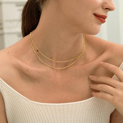 CHESKY 14k Gold Plated/Silver Plated Dainty Necklace for Women, Trendy Satellite Choker Necklace Thin Beaded Layered Choker Necklaces Discs Paperclip Chain Necklaces Womens Simple Jewelry - style: Layeredbead gold