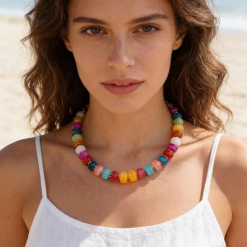 Chunky Beaded Statement Necklace for Women Trendy Colorful Boho Resin Bead Choker Necklaces Summer Handmade Jewelry Gifts Accessories - color: Colorful - 1
