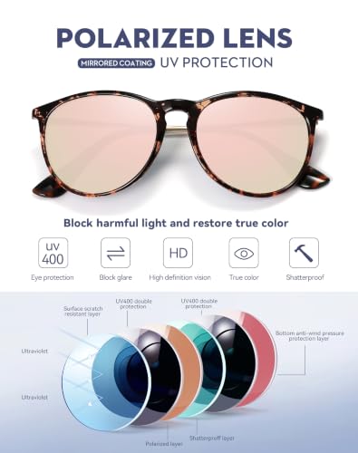 WOWSUN Retro Polarized Sunglasses Womens Trendy Round Classic Glasses - color: Black + Tortoiseshell Frame Pink Mirrored+ Blue Transparent Frame Blue Mirrored