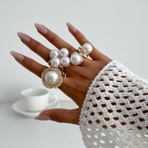 Gold Pearl Rings for Women Chunky Baroque Pearl Ring Open Adjustable Pearls Ring Boho Prom Costumes Jewelry Accessories - color: Gold