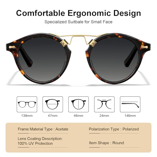 CARFIA Double Bridge Small Acetate Sunglasses for Women Polarized, Retro Metal Brow Ladies Sunnies Fashion Round Eyewears - color: 4. Yellow Tortoise Frame Gradient Grey Lens