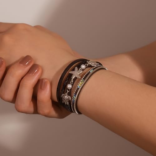 FANCY SHINY Turtle Starfish Leather Wrap Bracelet Boho Rhinestone Pearl Cuff Bracelets for Women Summer Beach Jewelry for Women - color: Black