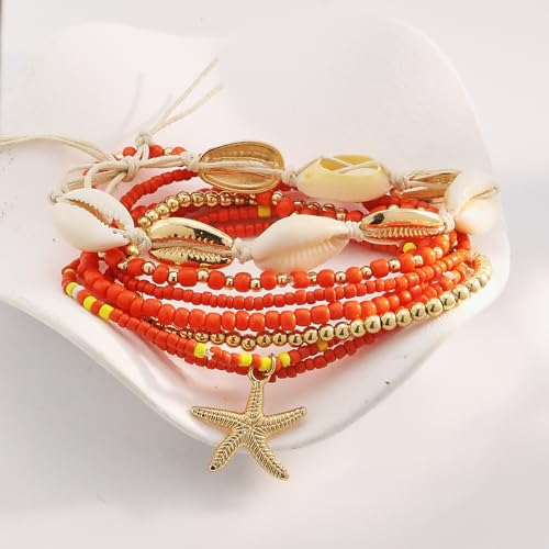 Shell Anklets Bracelet for Women Waterproof Surfer Starfish Bracelet Puka Shell Anklet Colorful Boho Stack Stretch Bead Bracelet Set Hawaii Summer Beach Vacation Foot Jewelry - color: Orange