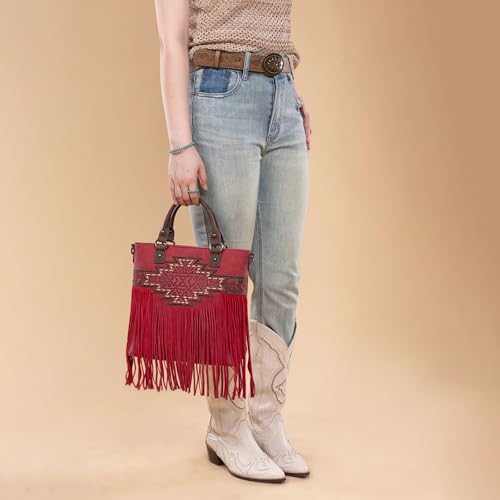Trinity Ranch Crossbody Bags for Women Tooled Fringe Top Handle Handbags Vintage Western Purse - color: Red