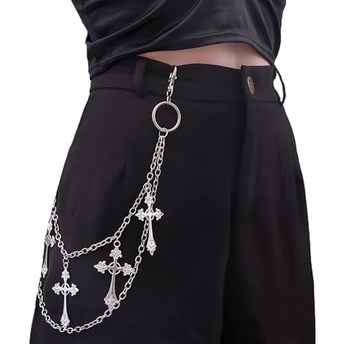 Layered Pants Chain for Men Women Punk Chain Hip Hop Jewelry Clothing Accessories Vintage Jeans Chains - style: Silver two layered five crosses