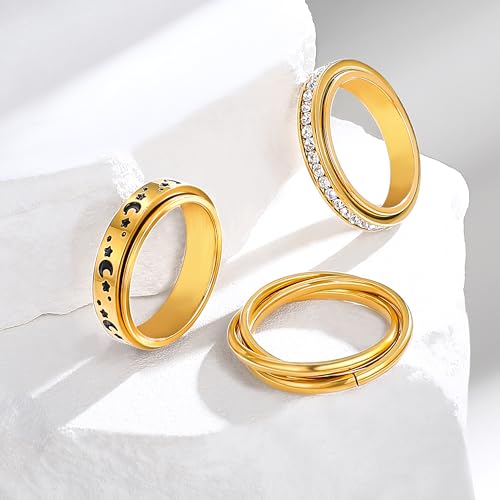 FEYIR 8 Pcs Fidget Rings for Women Anxiety Spinner Stainless Steel CZ Band Ring Spinning Rings Set for Anxiety - color: 8pcs-Gold