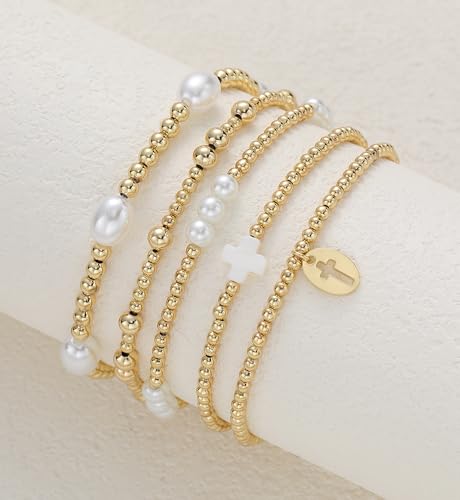 Gold Beaded Bracelets for Women, 14K Real Gold Plated Jewelry for Women Dainty Pearl Bead Bracelets Stack, Non Tarnish Trendy Stackable Ball Cross Stretch Bracelet Set Fashion Accessories Gifts - color: Gold small bead cross