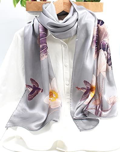 ANDANTINO 100% Silk Long Scarf-Women Large Oblong Shawls with Gift Packed - color: Lotus Pond-light Grey