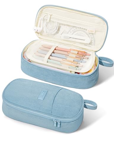 SUNEE Cute Pencil Case, Large Pencil Pouch, Aesthetic Big Pencil Bag with Zipper, Kawaii Stationery Storage and Organizer, School Supplies for Teen and Adult, Boys&Girls, Soft Corduroy Grey Blue - color: Grey Blue