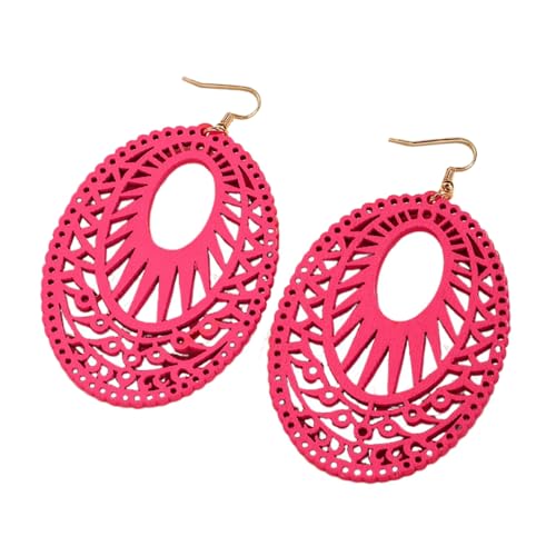 Boho Wooden Cutout Dangle Earrings for Women Bohemian Teardrop Oval Hollow Floral Pattern Drop Earrings Colorful Lightweight Statement Party Jewelry - color: Rose Red