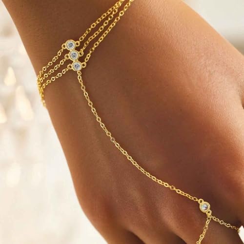 925 Sterling Silver Hand Chain Bracelet for Women,Non Tarnish 14k Gold Plated CZ Crystal Heart Starburst Ring Bracelets Hand Chain Dainty Diamond Layered Stackable Link Chain Beach Waterproof Graduation Wedding Gifts - color: Gold