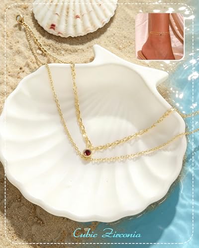 ZHESHY Ankle Bracelets for Women Gold Anklets with Birthstone 14K Gold Plated Dainty Layered Anklets Waterproof Non Tarnish Chain Anklet Bracelets Summer Beach Jewelry Birthday Gifts - color: 01.January(Garnet)