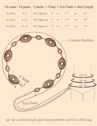 TOPACC Western Metal Concho Belt for Women Cowgirl Chain Belts for Dresses Jeans Country Concert Outfit - color: F Bronze, size: Fit Waist: 26-28 in