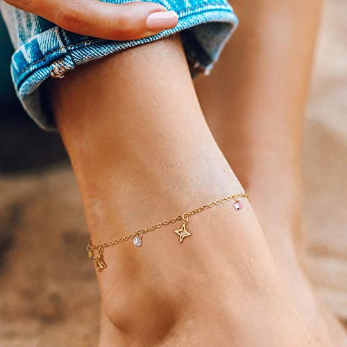 MTMY Gold Anklets for Women 14K Gold Plated Tiny Bead Anklet Colorful Tassel Foot Chain Dainty Adjustable Cute Summer Beach Boho Anklets Jewelry Gift - style: cz star tassel