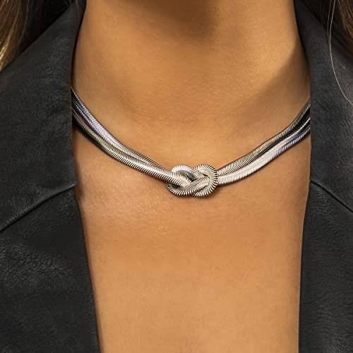 PLOUTOS Chunky Gold Knot Choker Necklace for Women Adjustable Double Snake Chain Design Bold Statement Fashion Jewelry Accessory For Party Daily Wear Gift - color: Silver