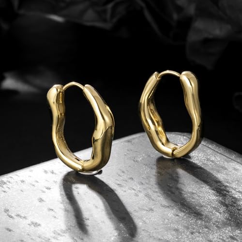 Stainless Steel Hoop Earrings for Women Gold Tone Geometric, Huggie Heart Twisted Minimalist Engraved Designs for Daily Wear - color: Gold-Irregular Round_25*20mm