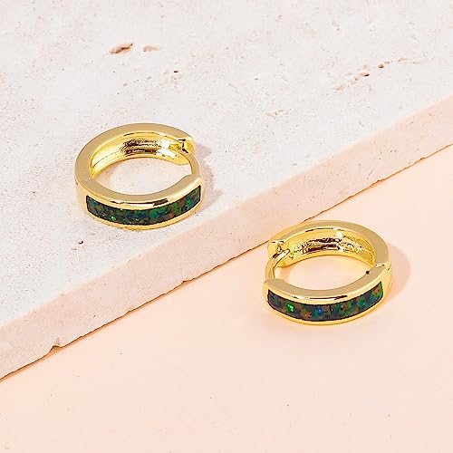 CiNily Huggie Earrings Opal Hinged Hoop Earrings Gold Plated Hypoallergenic Small Hoop Earrings for Women Teen Girls Men Sensitive Ears - color: Black Green
