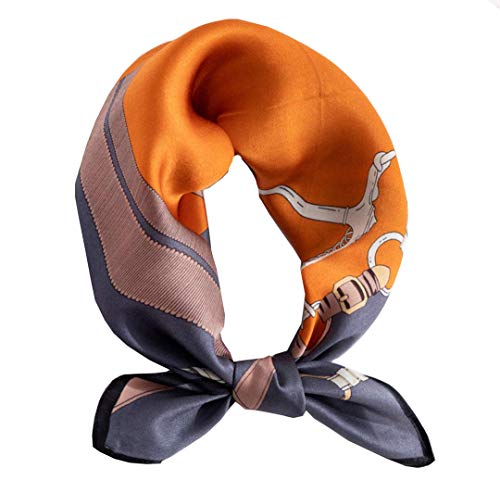 ANDANTINO 100% Mulberry Silk Scarf -21” Square Neckerchief with Gift Packed - color: Belts-orange-grayish Blue