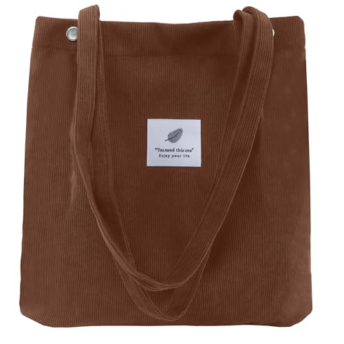 Corduroy Tote Bag for Women Small Canvas Shoulder Purse Cord Handy Bag with Inner Pocket | with Front Pocket - color: 02 Brown