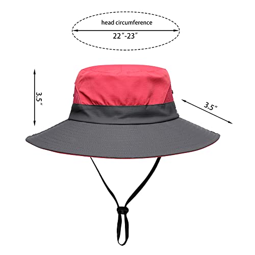 Womens Summer Sun Hat Beach Hat Wide Brim Outdoor UV Protection Hat Foldable Cool Mesh Ponytail Bucket Hat - color: Red-gray