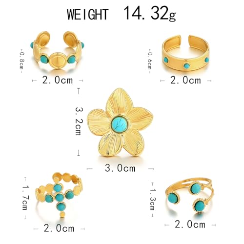 Bohemian Turquoise Ring for Women Chunky Gold Flower Statement Rings Vintage Round Turquoises Stackable Knuckle Ring Set for Women Western Jewelry - style: Turquoise flower ring-A