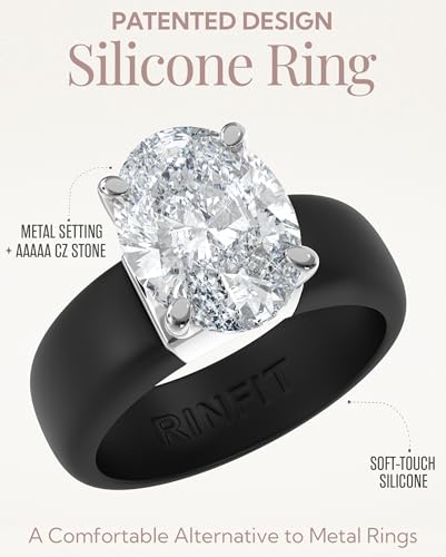 Rinfit Silicone Ring with Stone - Oval Cut Cubic Zirconia Solitaire Engagement Ring for Women - Rubber Wedding Bands - Patented Design - color: Pack H: Black / Silver