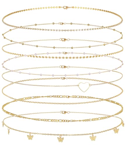 Tornito 8Pcs Waist Belly Chain CZ Heart Pearl Snake Bead Sequin Paperclip Belly Chain Summer Beach Sexy Body Chains Jewelry Accessories for Women Adjustable - style: C:8Pcs(Butterfly)