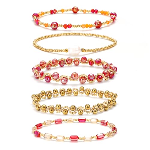 Dainty Gold Plated Pearl Crystal Beaded Bracelets Set for Women 14K Gold Plated Bead Pearl Beads Bracelet Stackable Paperclip Link Chain Bracelets Gold Plated Bracelets for Women Trendy Jewelry - color: Style5-1 Red