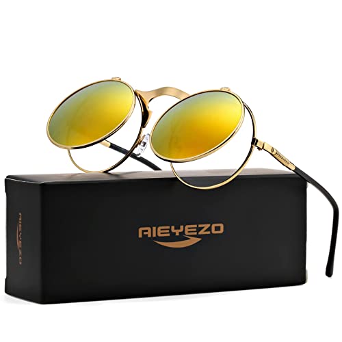 AIEYEZO Round Flip Up Sunglasses for Men and Women Rave Flip Glasses 90's Retro Steampunk Style - color: Gold/Red Mirror