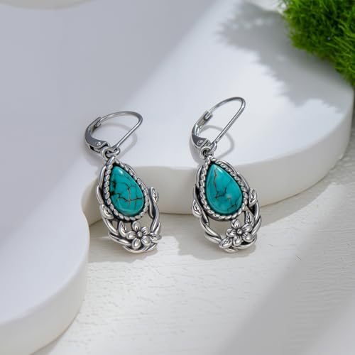 Natural Turquoise Earrings for Women Dangling 925 Sterling Silver Dangle Earrings Western Jewelry Christmas Gift for Sister Mother - style: F-Flowers Earrings-2