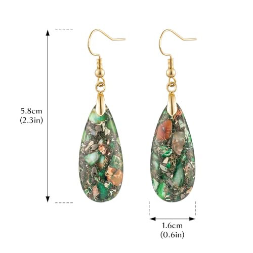 Stone Drop Earrings for Women Earrings Teardrop Jasper Stone Dangle Earrings - color: Brownish Green-Golden Hook