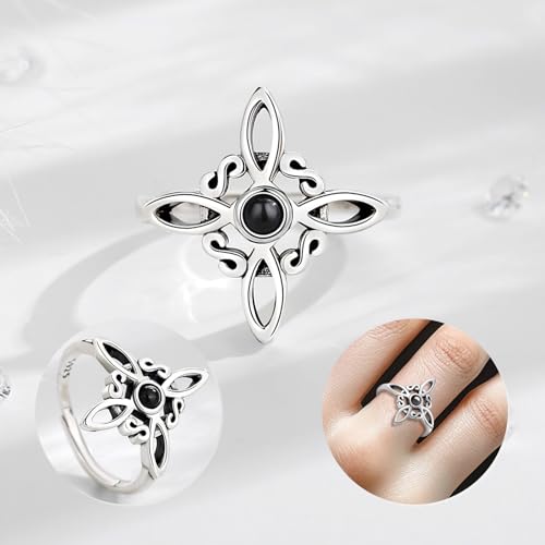 Vito 925 Sterling Silver Adjustable Open Spoon Ring for Women Men, Lotus Sunflower Snake Spoon Band Rings Feather Hug Witches Knot Inspirational Jewelry Gift for Wife - style: Witches Knot