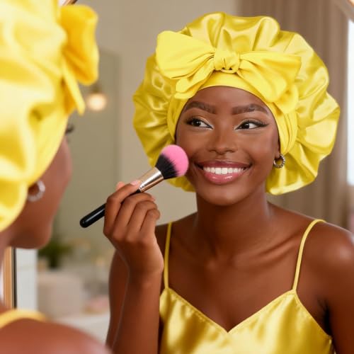 YANIBEST Adjustable Satin Bonnet for Sleeping Women Double Layer Hair Wrap Reduce Friction Prevent Frizz Natural Curly Hair - color: Yellow