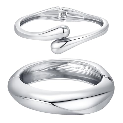 Chunky Gold Bangle Bracelets for Women Trendy 14K Gold Plated Cuff Bracelets Stack, Dainty Gold Bracelet Sets Non Tarnish Fashion Jewelry Gift - style: 2pcs-Silver-BoldTwinDrop