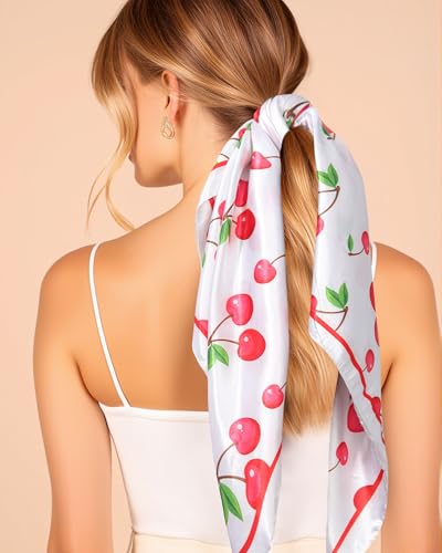 AWAYTR 35” Square Satin Head Scarf Hair Scarf for Women's Hair Silk Bandana for Women Silk Head Wrap for Sleeping - color: Cherry White