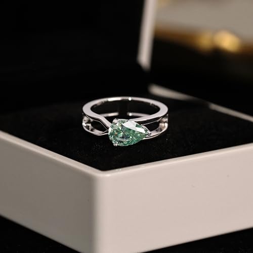Moissanite Ring for Women, 1.5ct Blue Green Pear Shaped Teardrop Moissanite Colored Ring, 18K Gold Plated Sterling Silver, Statement Cocktail Rings for Women, Birthday Anniversary Jewelry Gift - color: Silver