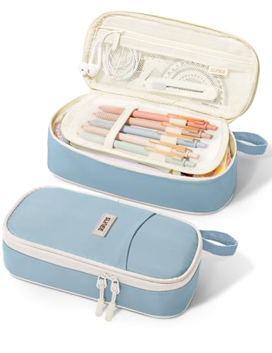 SUNEE Cute Pencil Case, Aesthetic Pen Pouch, Colored Large Pencil Bag with Zipper, Kawaii Stationery Storage and Organizer, School Supplies for Teen and Adult Girls, Blue - color: Blue