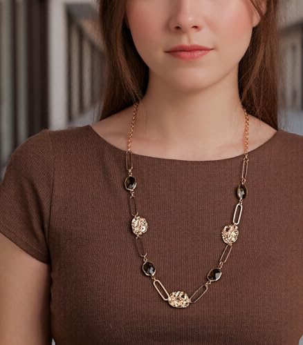 Long Gold Necklaces for Women Dainty Natural Stone Beaded Gold Necklace Mothers Day Gifts Boho Gold Costume Jewelry for Women - color: 79-Grey Crystal